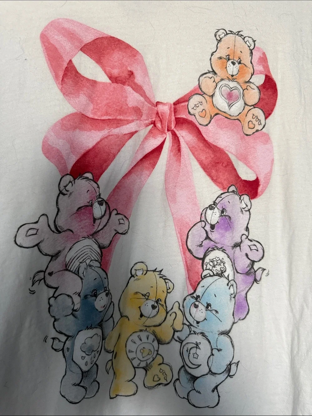 Care Bears White Tee with Pink Bow and Pastel Bears